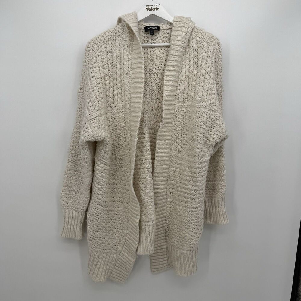 Express Cream Chunky Knit Open Cardigan Sweater Hooded Acrylic Small